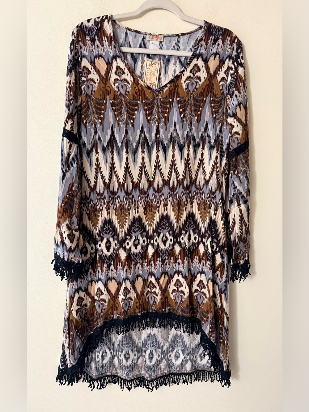 Scully High/Low Bell Sleeve Fringe Boho Shift Dress in Blue, Brown & Cream, M